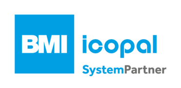 Logo der Firma BMI Icopal in blau und grau, mit den Worten "SystemPartner" in kleinerer Schrift.