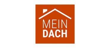 Logo von "MEIN DACH" auf orangefarbenem Hintergrund, mit stilisiertem Dachsymbol über dem Schriftzug.